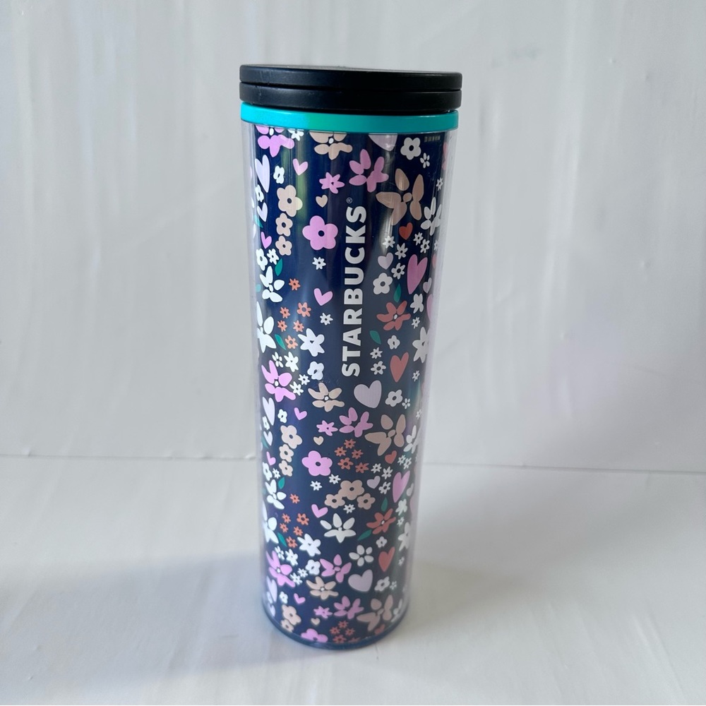 2/$15 Starbucks Tumbler Flower And Heart Multicolour Print 16 Fl Oz